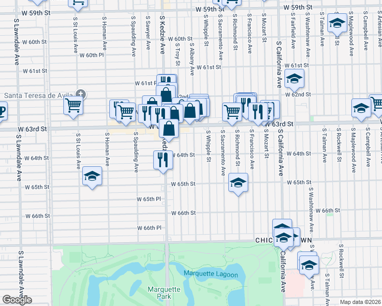 map of restaurants, bars, coffee shops, grocery stores, and more near 3106 West 64th Street in Chicago