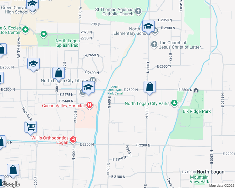 map of restaurants, bars, coffee shops, grocery stores, and more near 645 East 2475 North in North Logan