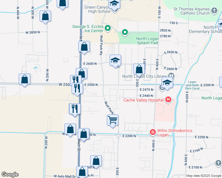 map of restaurants, bars, coffee shops, grocery stores, and more near 2496 North 150 East in North Logan