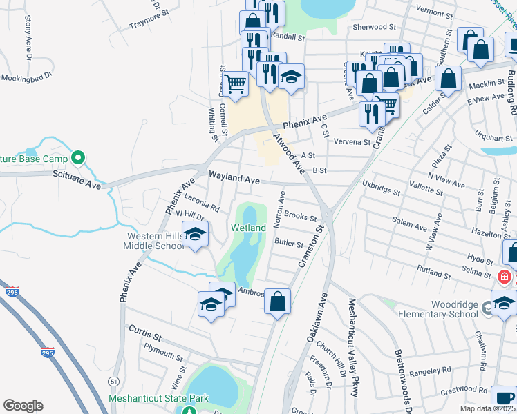 map of restaurants, bars, coffee shops, grocery stores, and more near 16 Grape Street in Cranston