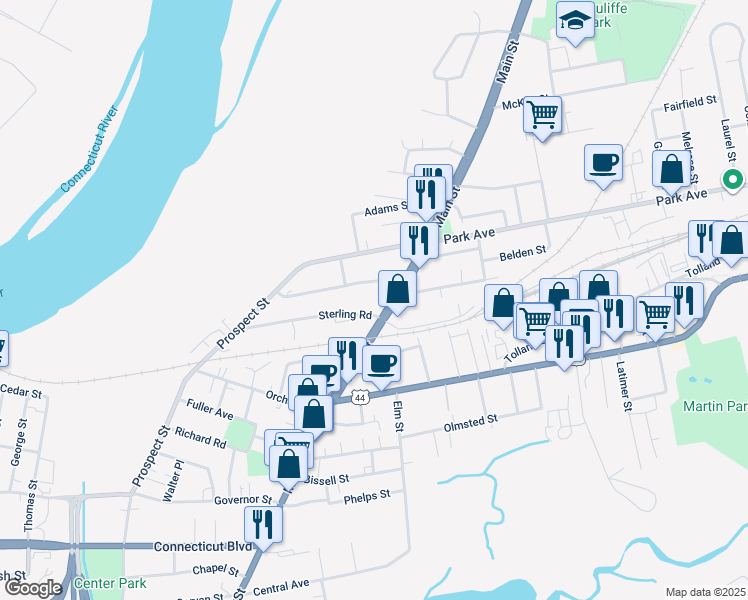 map of restaurants, bars, coffee shops, grocery stores, and more near 24 Stanley Street in East Hartford