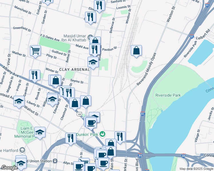 map of restaurants, bars, coffee shops, grocery stores, and more near 55 Donald Street in Hartford