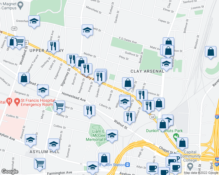 map of restaurants, bars, coffee shops, grocery stores, and more near 444 Albany Avenue in Hartford