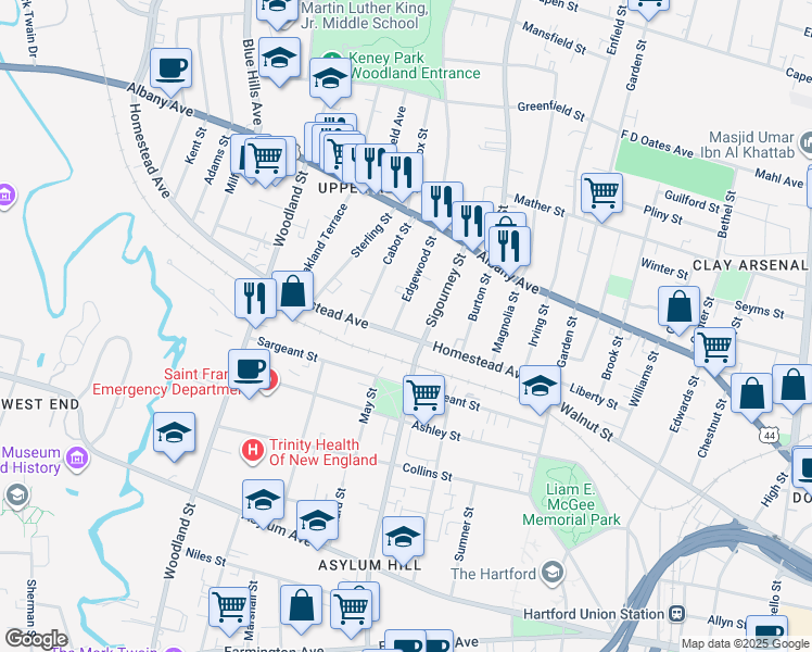 map of restaurants, bars, coffee shops, grocery stores, and more near 18-20 Cabot Street in Hartford