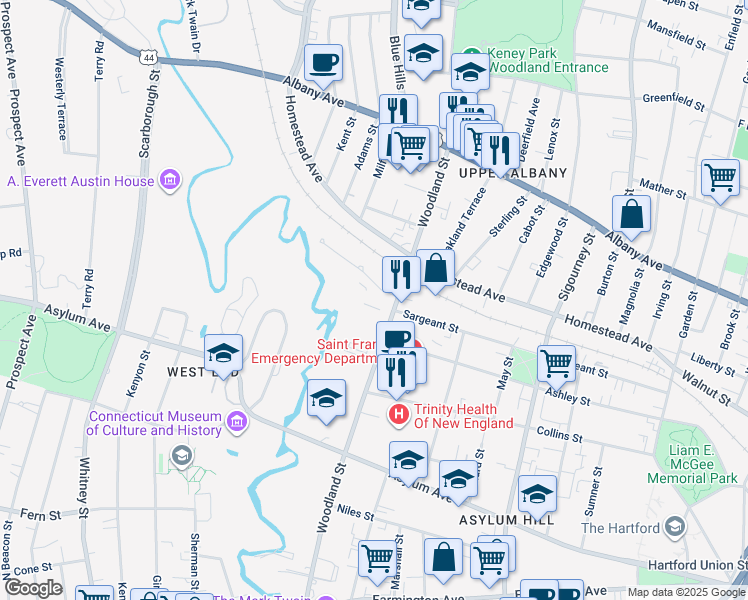 map of restaurants, bars, coffee shops, grocery stores, and more near 38 Woodland Drive in Hartford