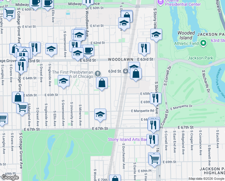 map of restaurants, bars, coffee shops, grocery stores, and more near 6423 South Kenwood Avenue in Chicago