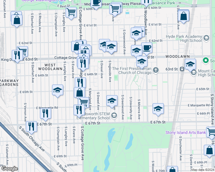 map of restaurants, bars, coffee shops, grocery stores, and more near 6421 South Ingleside Avenue in Chicago