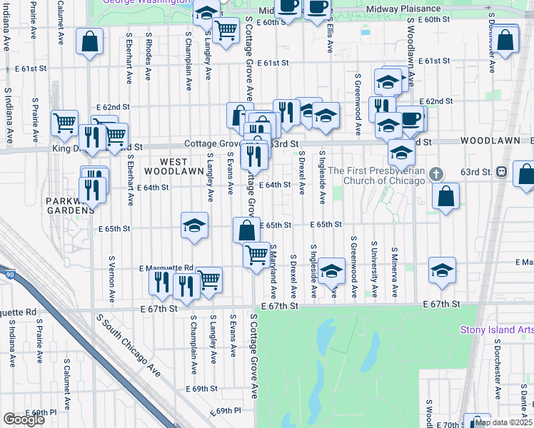 map of restaurants, bars, coffee shops, grocery stores, and more near 6452 South Maryland Avenue in Chicago