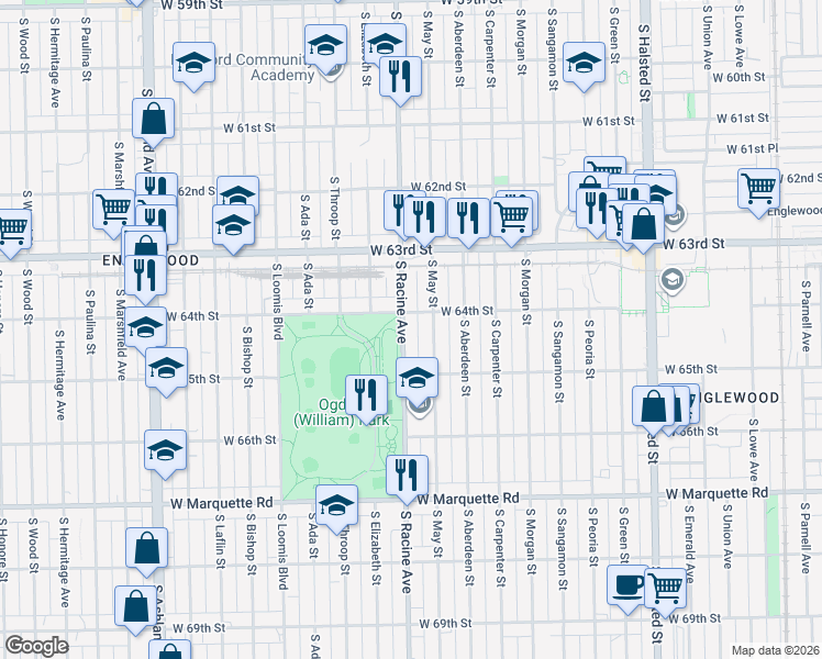 map of restaurants, bars, coffee shops, grocery stores, and more near 1150 West 64th Street in Chicago