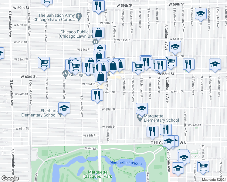 map of restaurants, bars, coffee shops, grocery stores, and more near 6333 South Albany Avenue in Chicago
