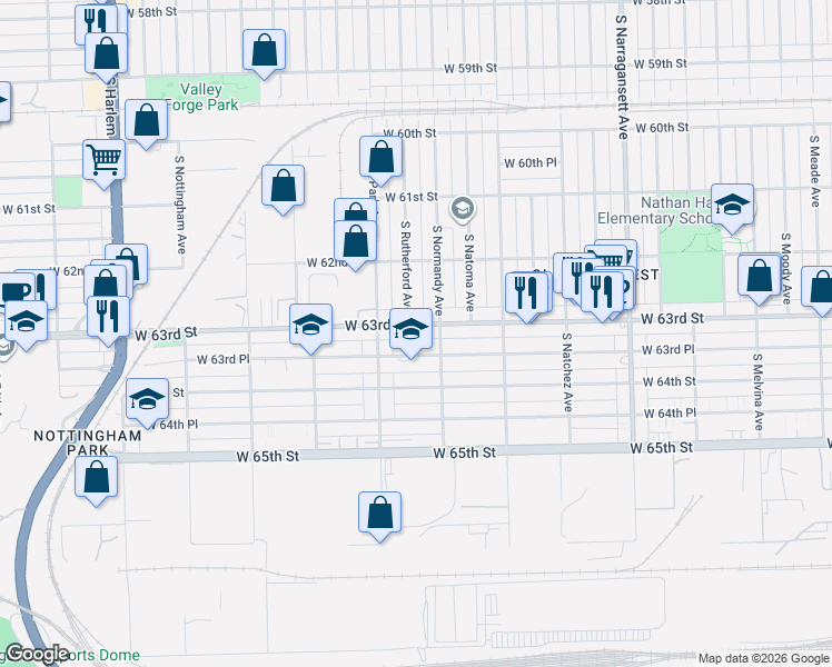 map of restaurants, bars, coffee shops, grocery stores, and more near 6244 South Normandy Avenue in Chicago