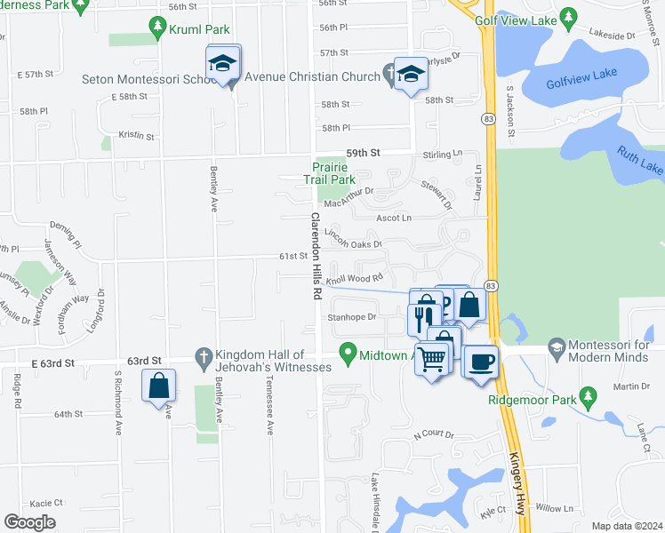 map of restaurants, bars, coffee shops, grocery stores, and more near 222 Lincoln Oaks Drive in Willowbrook