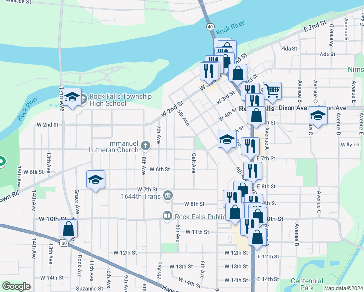 map of restaurants, bars, coffee shops, grocery stores, and more near 510 West 4th Street in Rock Falls