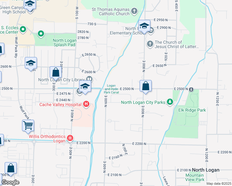 map of restaurants, bars, coffee shops, grocery stores, and more near 651 East 2475 North in North Logan