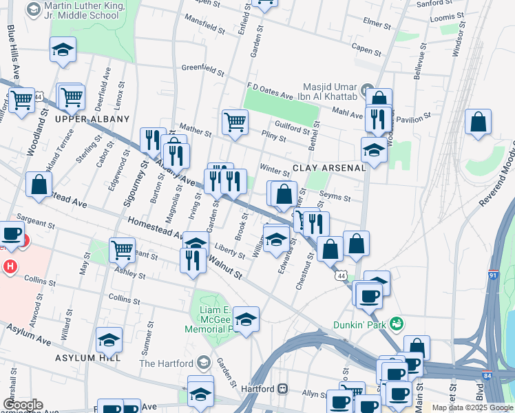 map of restaurants, bars, coffee shops, grocery stores, and more near 118 Fairmount Street in Hartford