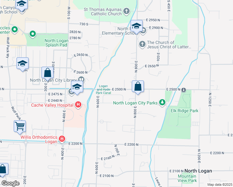 map of restaurants, bars, coffee shops, grocery stores, and more near 709 East 2475 North in North Logan