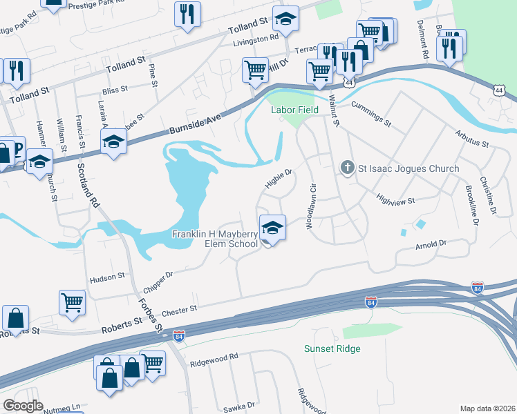 map of restaurants, bars, coffee shops, grocery stores, and more near 34 Higbie Drive in East Hartford