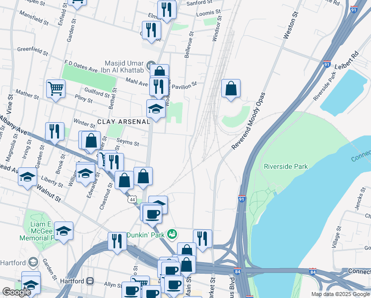 map of restaurants, bars, coffee shops, grocery stores, and more near Donald Street in Hartford