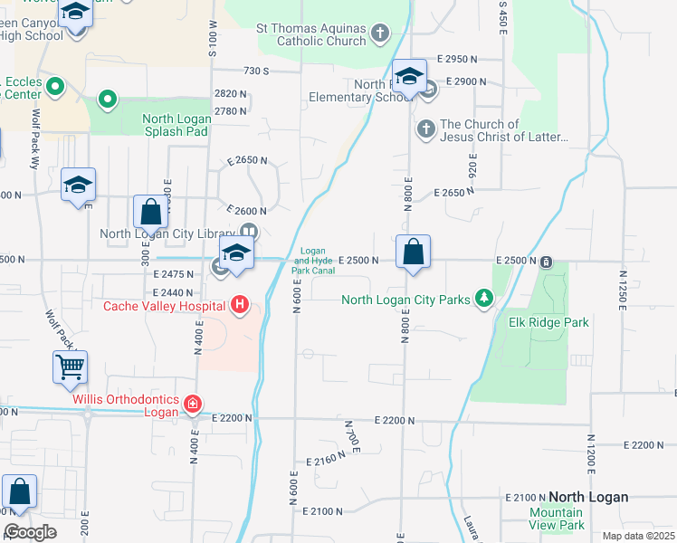 map of restaurants, bars, coffee shops, grocery stores, and more near 679 East 2475 North in North Logan