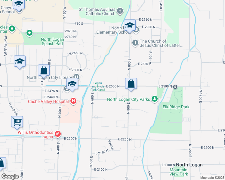 map of restaurants, bars, coffee shops, grocery stores, and more near 721 East 2475 North in North Logan