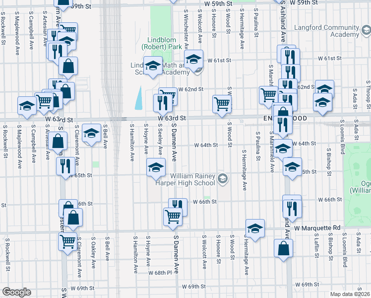 map of restaurants, bars, coffee shops, grocery stores, and more near 6404 South Winchester Avenue in Chicago