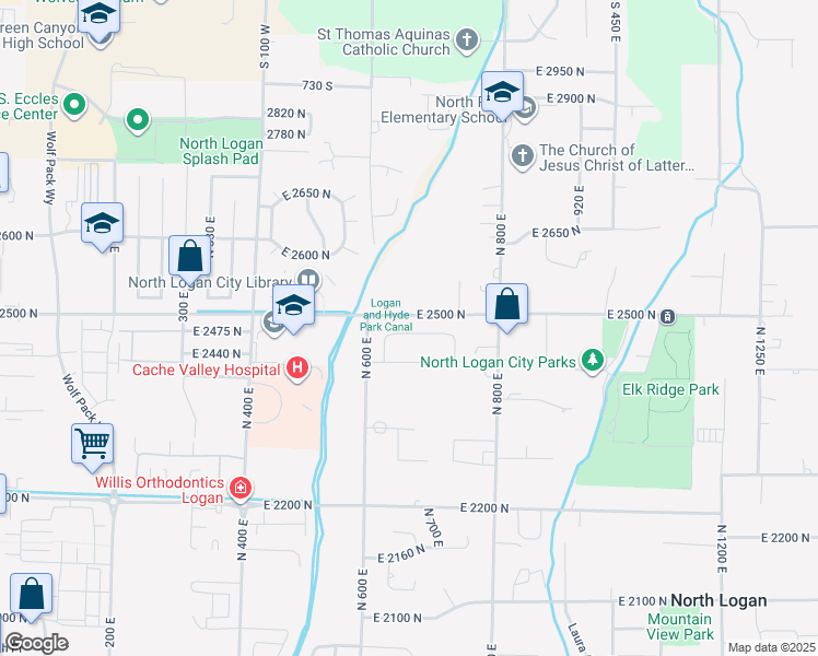 map of restaurants, bars, coffee shops, grocery stores, and more near 667 East 2475 North in North Logan