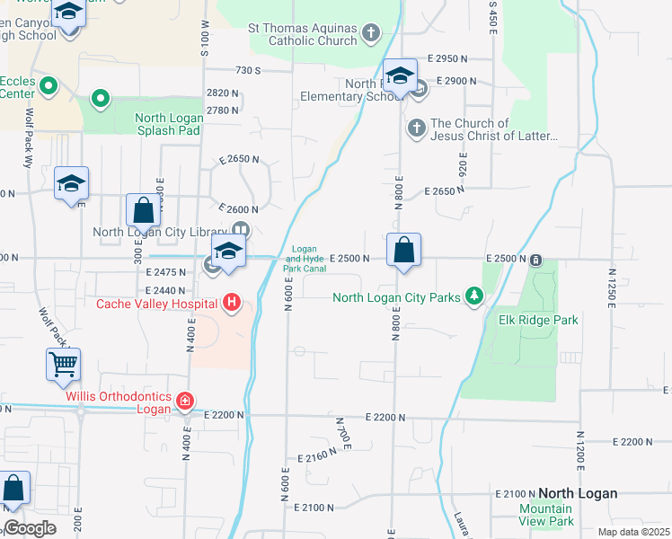 map of restaurants, bars, coffee shops, grocery stores, and more near 685 East 2475 North in North Logan