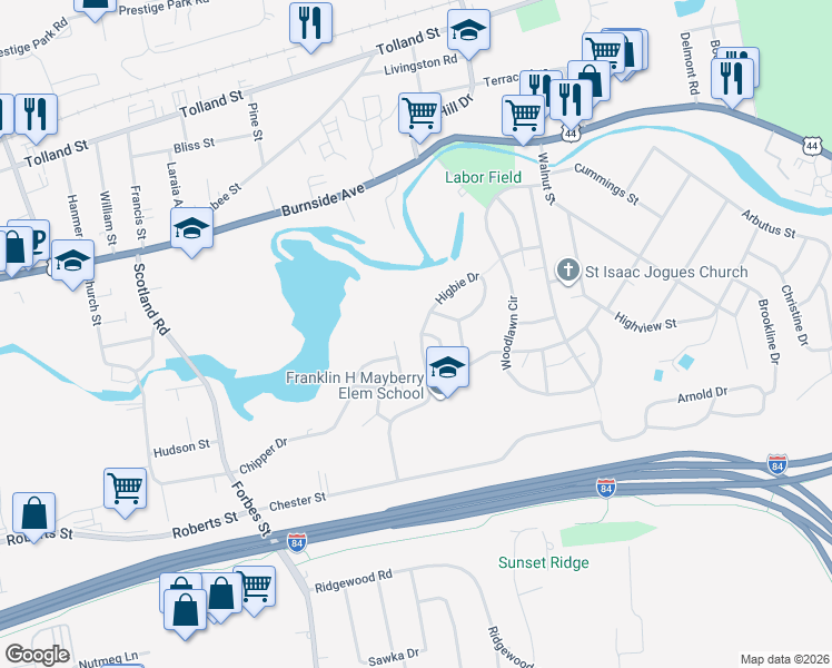 map of restaurants, bars, coffee shops, grocery stores, and more near 34 Higbie Drive in East Hartford