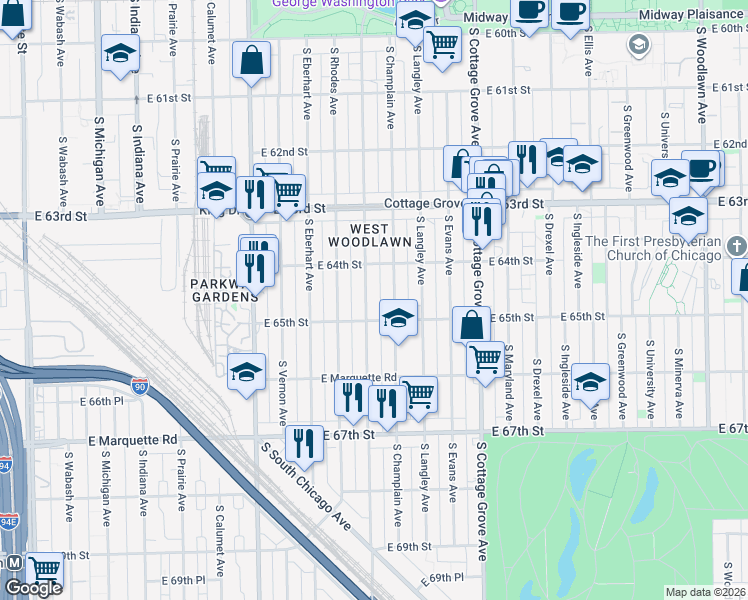map of restaurants, bars, coffee shops, grocery stores, and more near 6417 South Saint Lawrence Avenue in Chicago