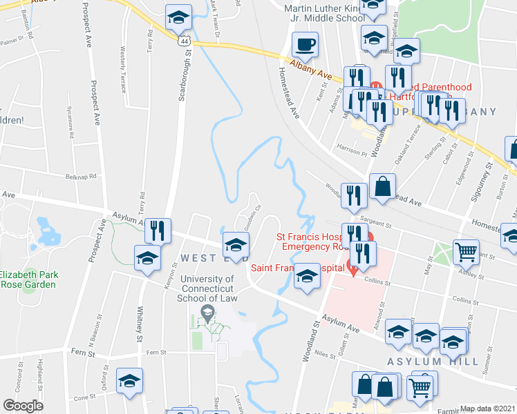 map of restaurants, bars, coffee shops, grocery stores, and more near 104 Goodwin Circle in Hartford