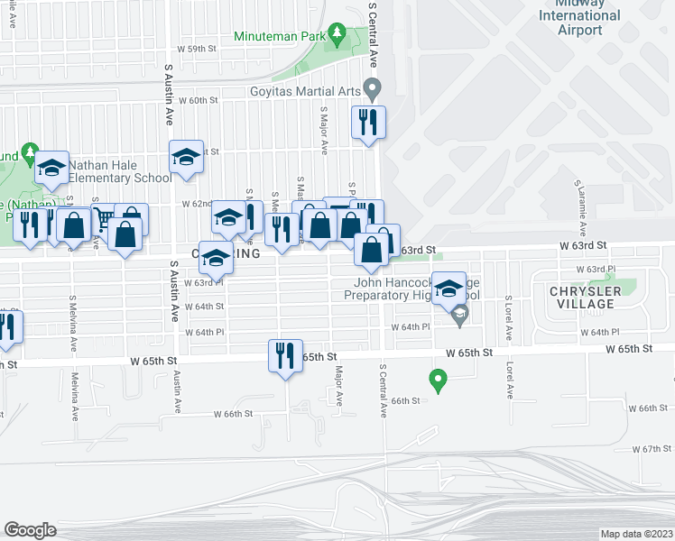 map of restaurants, bars, coffee shops, grocery stores, and more near 5650 West 63rd Place in Chicago