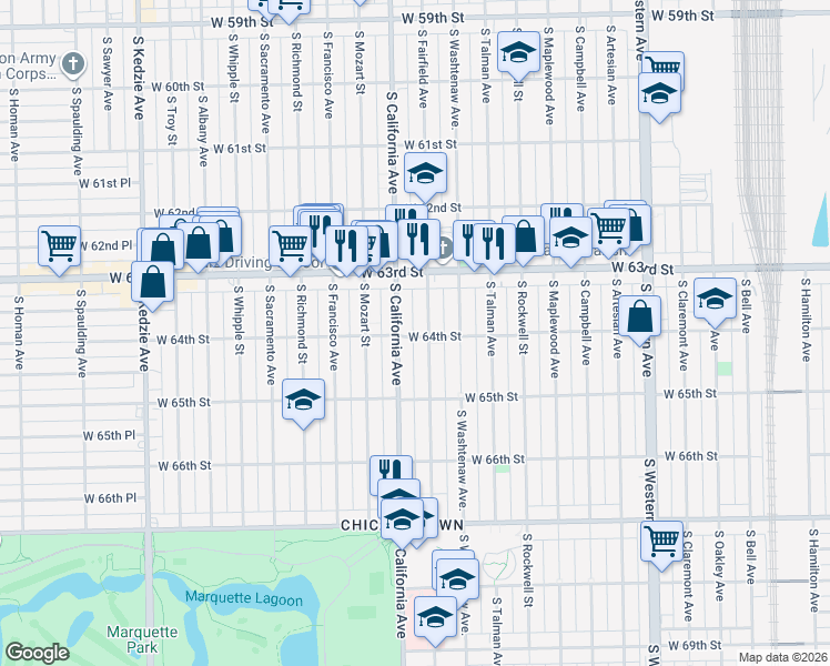 map of restaurants, bars, coffee shops, grocery stores, and more near 2740 West 64th Street in Chicago