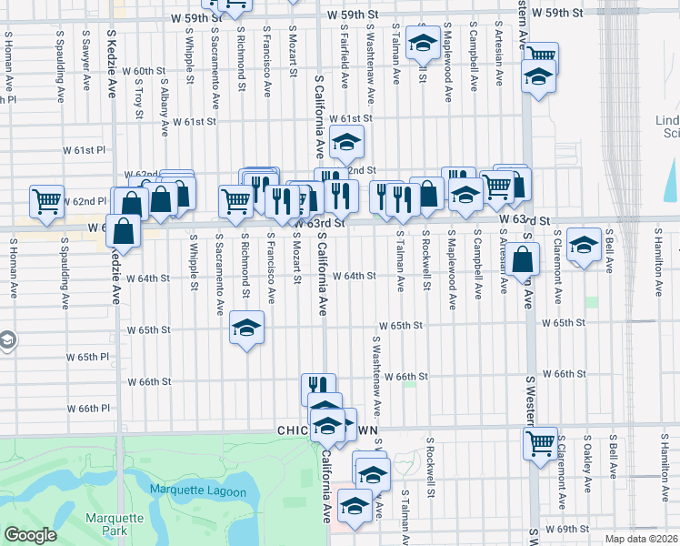map of restaurants, bars, coffee shops, grocery stores, and more near 2738 West 64th Street in Chicago