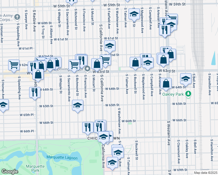 map of restaurants, bars, coffee shops, grocery stores, and more near 2736 West 64th Street in Chicago