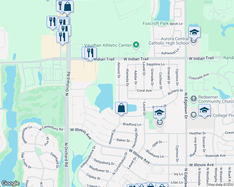 map of restaurants, bars, coffee shops, grocery stores, and more near 1008 Almond Drive in Aurora