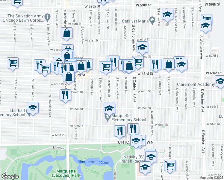 map of restaurants, bars, coffee shops, grocery stores, and more near 6336 South Francisco Avenue in Chicago