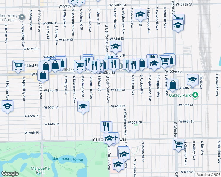map of restaurants, bars, coffee shops, grocery stores, and more near 6355 South California Avenue in Chicago