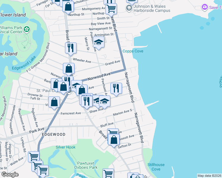 map of restaurants, bars, coffee shops, grocery stores, and more near 103 Arnold Avenue in Cranston