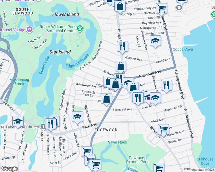 map of restaurants, bars, coffee shops, grocery stores, and more near 55 Bartlett Avenue in Cranston
