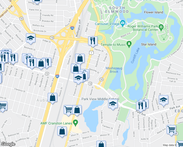 map of restaurants, bars, coffee shops, grocery stores, and more near 95 Stamford Avenue in Providence