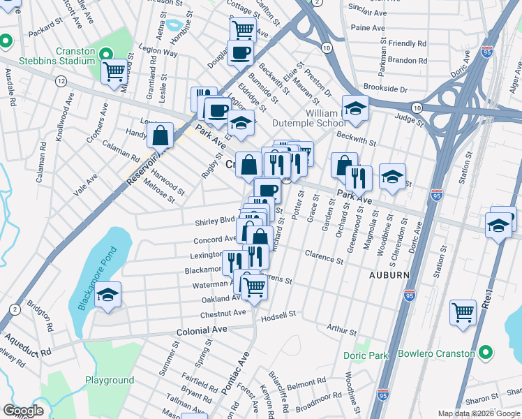 map of restaurants, bars, coffee shops, grocery stores, and more near 25 Rolfe Square in Cranston