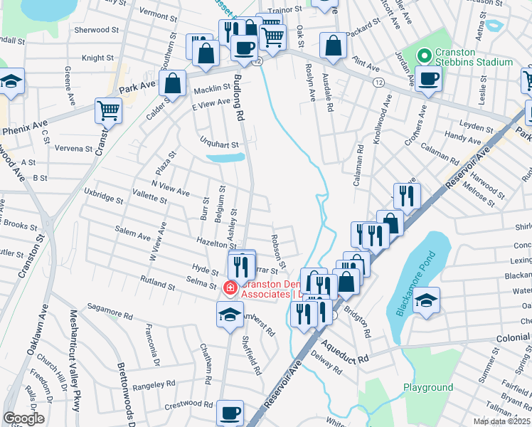 map of restaurants, bars, coffee shops, grocery stores, and more near 88 Robson Street in Cranston