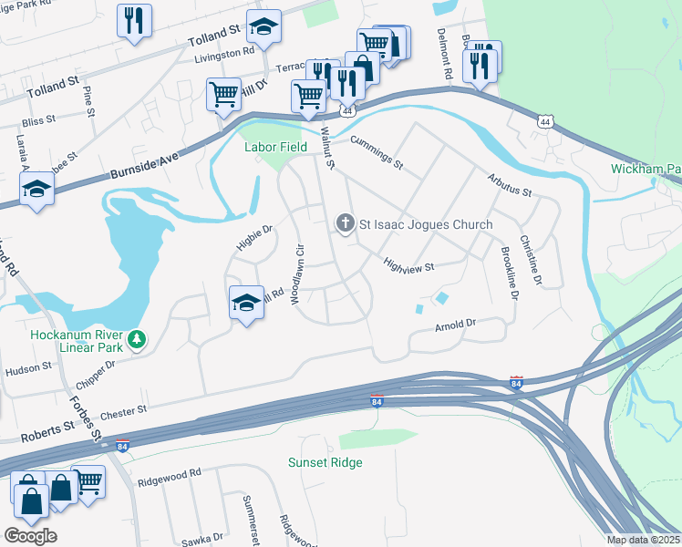 map of restaurants, bars, coffee shops, grocery stores, and more near 83 Cannon Road in East Hartford