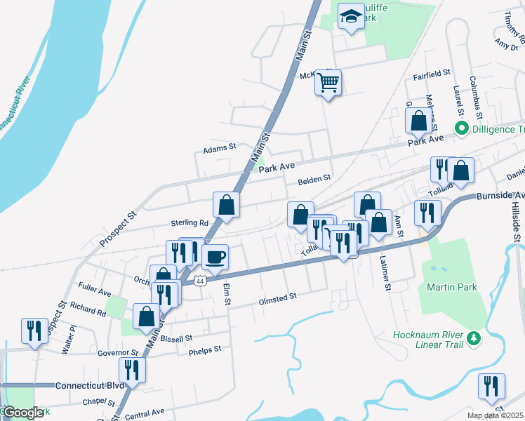 map of restaurants, bars, coffee shops, grocery stores, and more near 34 Woodbridge Avenue in East Hartford