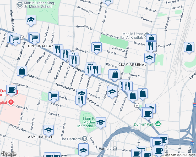 map of restaurants, bars, coffee shops, grocery stores, and more near 444 Albany Avenue in Hartford