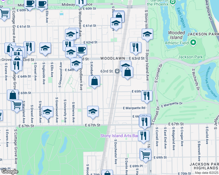 map of restaurants, bars, coffee shops, grocery stores, and more near 6423 South Kenwood Avenue in Chicago
