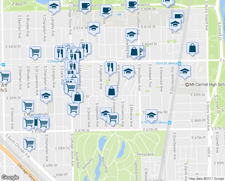 map of restaurants, bars, coffee shops, grocery stores, and more near 6421 South Ellis Avenue in Chicago