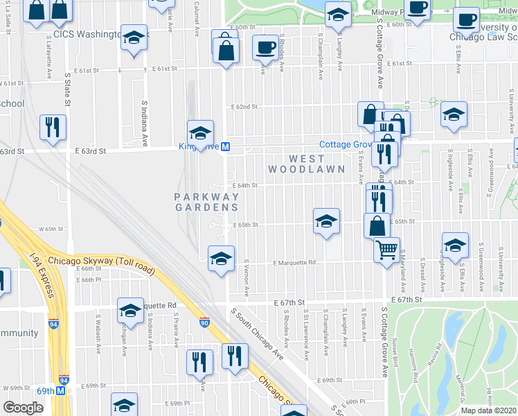 map of restaurants, bars, coffee shops, grocery stores, and more near 6416 South Eberhart Avenue in Chicago