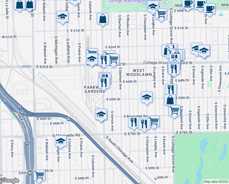 map of restaurants, bars, coffee shops, grocery stores, and more near 6416 South Eberhart Avenue in Chicago