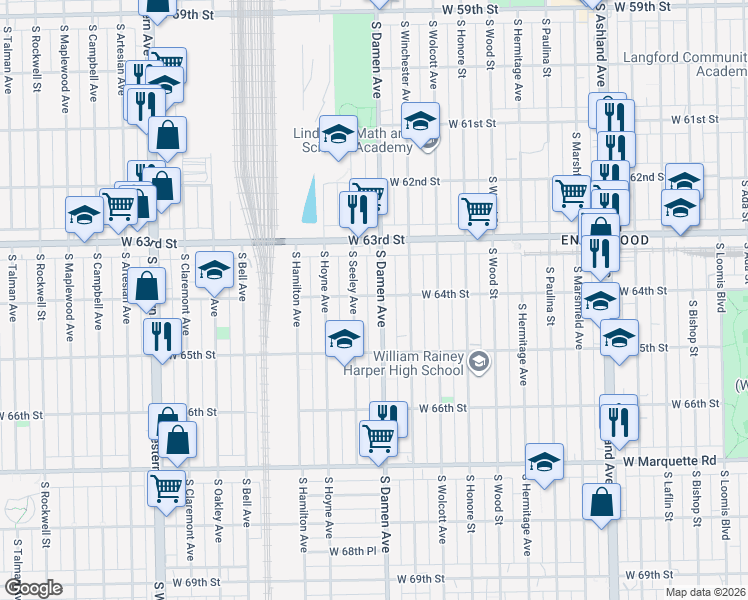 map of restaurants, bars, coffee shops, grocery stores, and more near 6339 South Damen Avenue in Chicago
